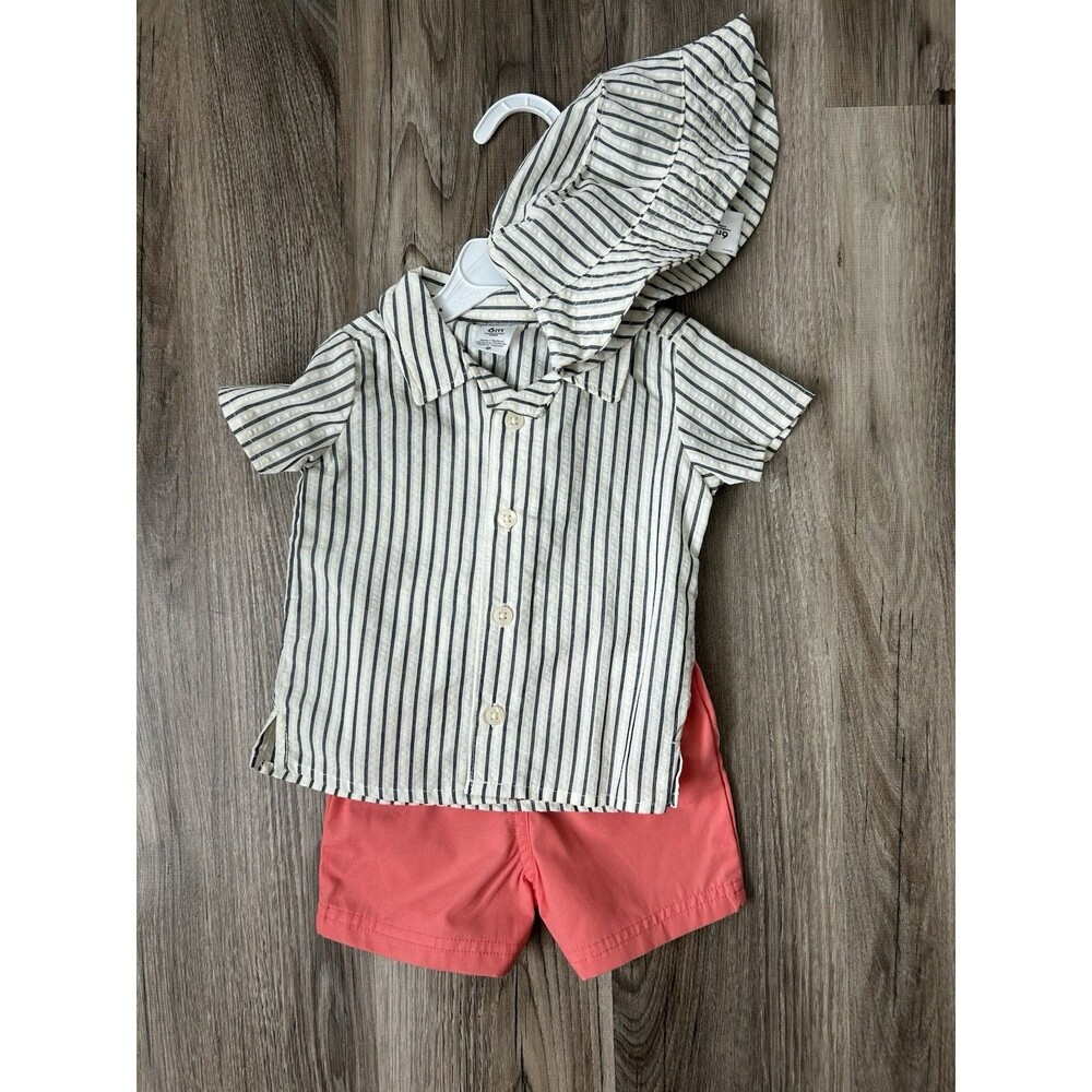 Carter’s Baby Boys 3 Pc Outfit 6M Striped Button Up Shirt Coral Shorts Summer